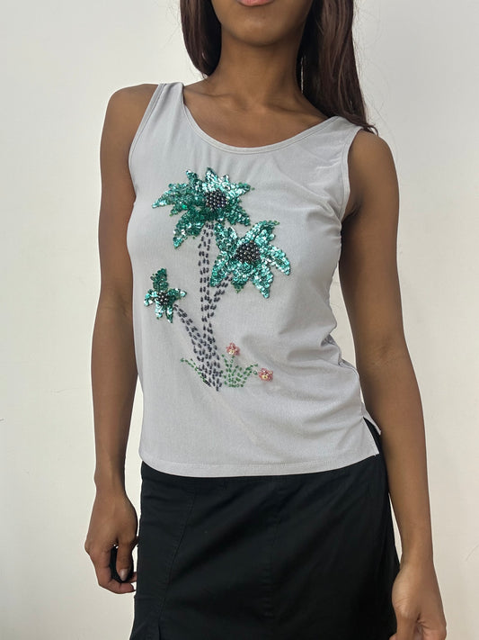 BEST PICKS | small blue tank top with palm tree sequin detail