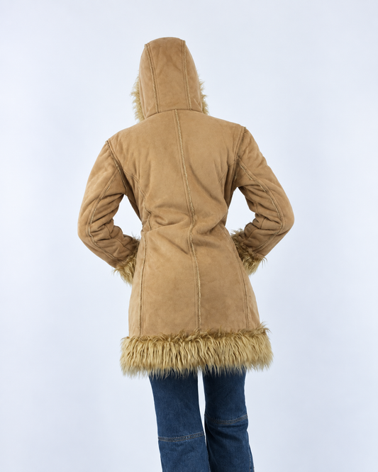 gilmore girls | small tan hooded faux fur trim coat