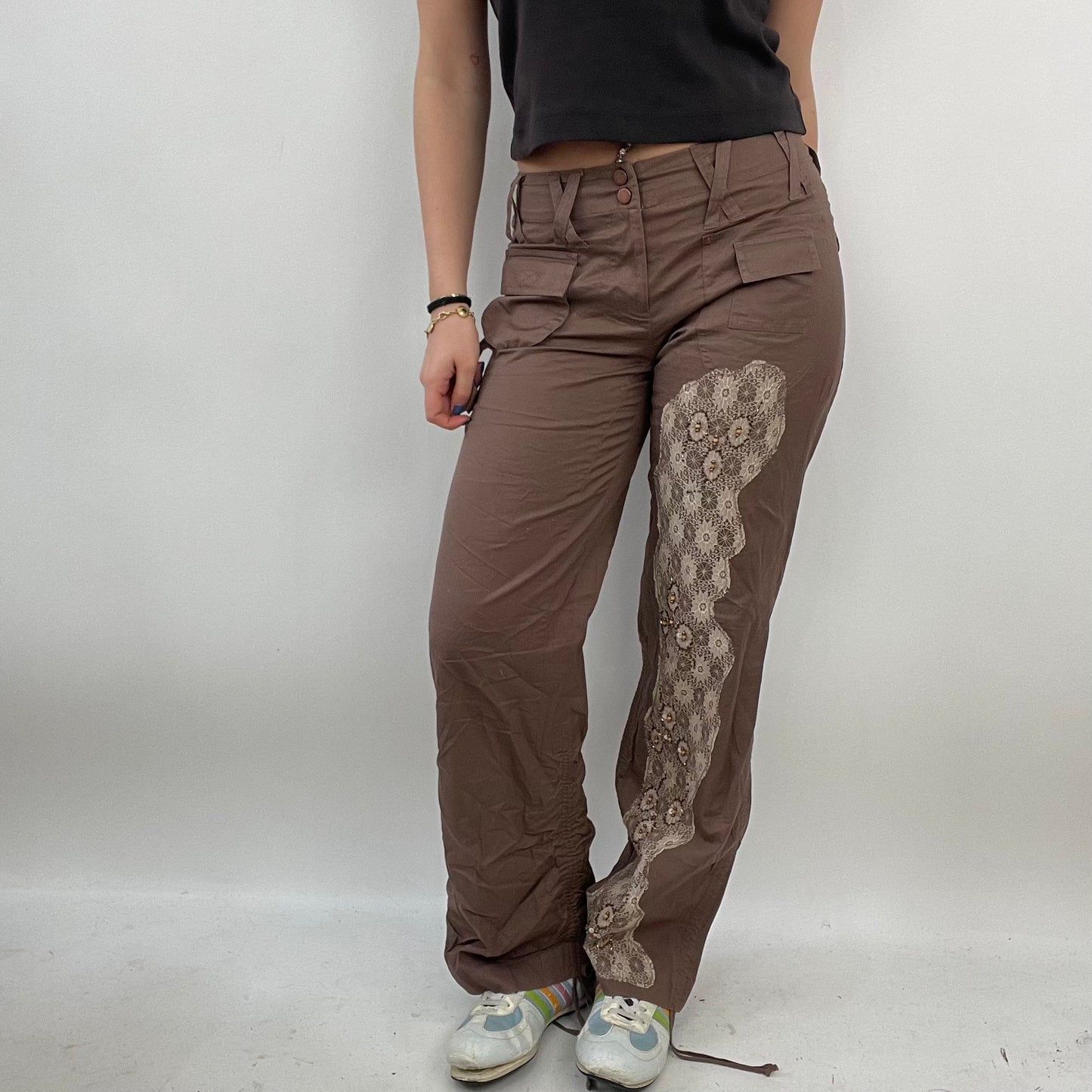 HIPPY CHIC DROP | small brown embroidered beaded cargo trousers