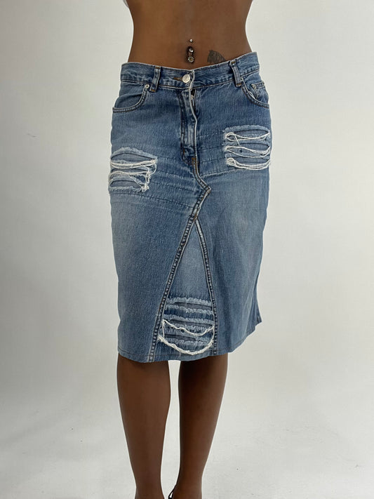 BEST PICKS | small blue denim distressed midi skirt
