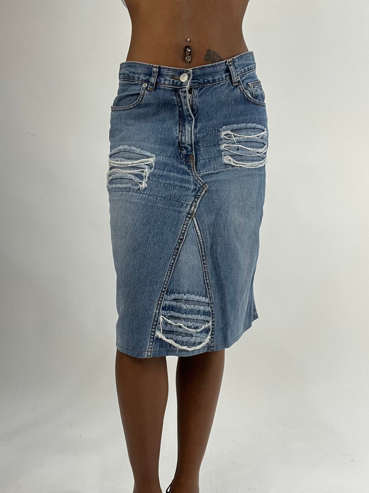 BEST PICKS | small blue denim distressed midi skirt
