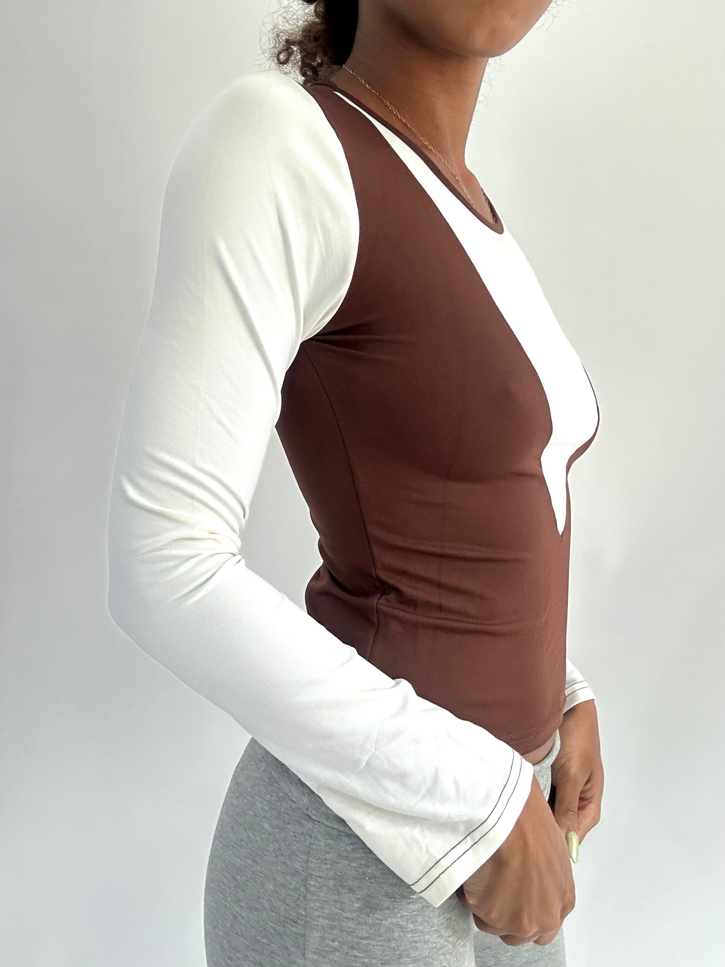 ‼️ | small white long sleeve top with brown vest overlay detail