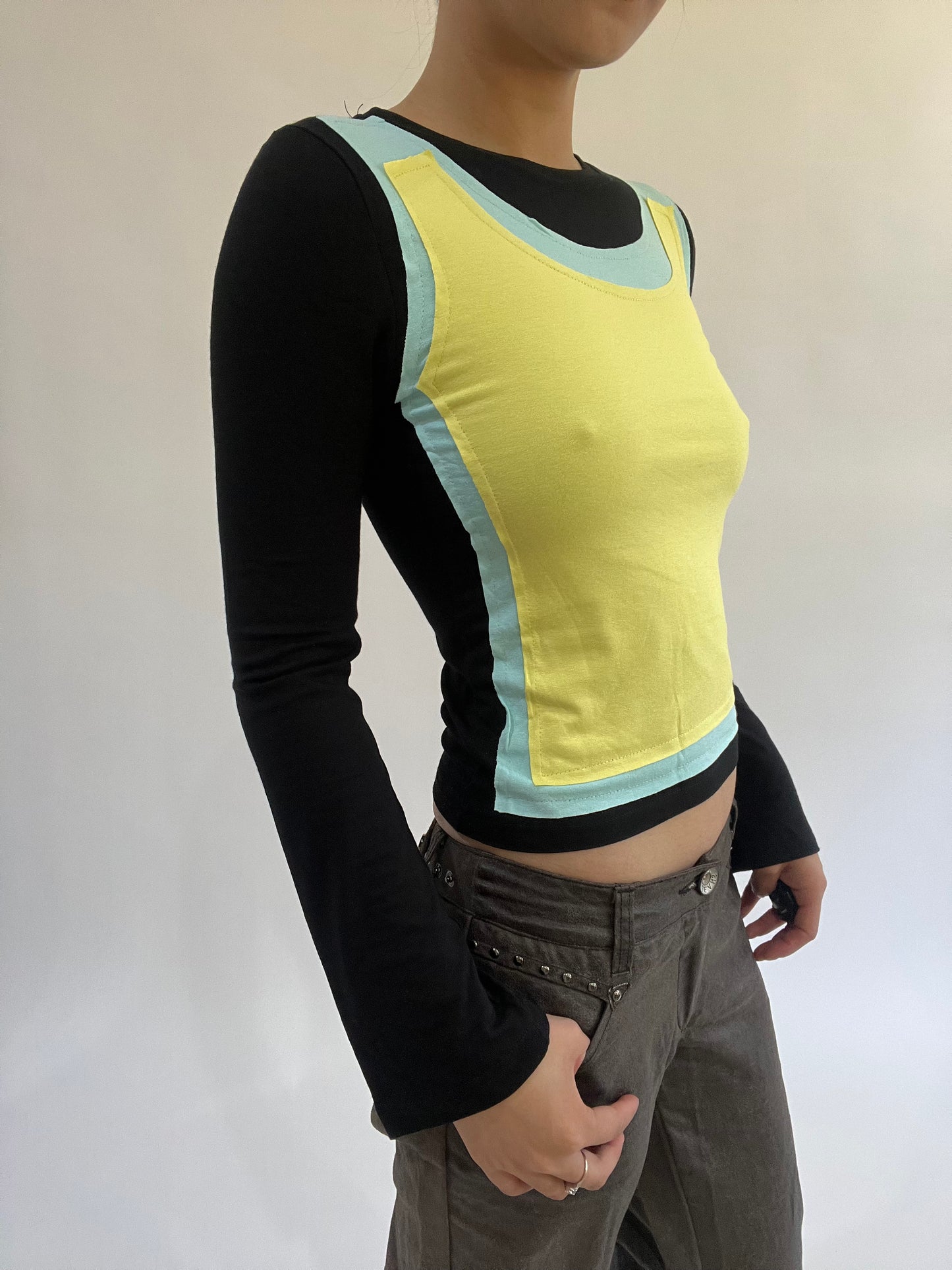 ‼️ | small black long sleeve top with yellow vest overlay detail
