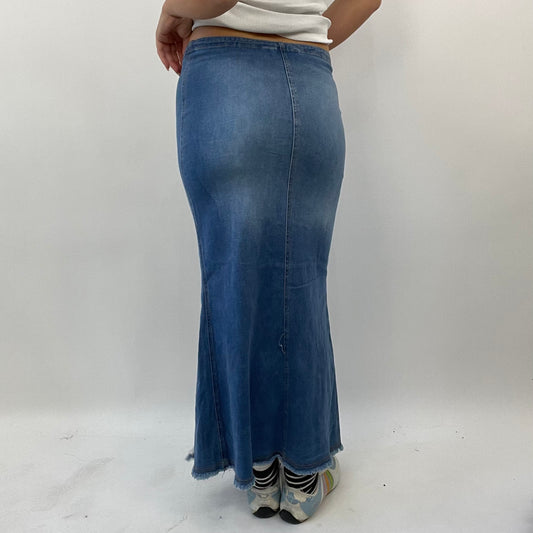 BEST PICKS | medium blue distressed denim maxi skirt with slits