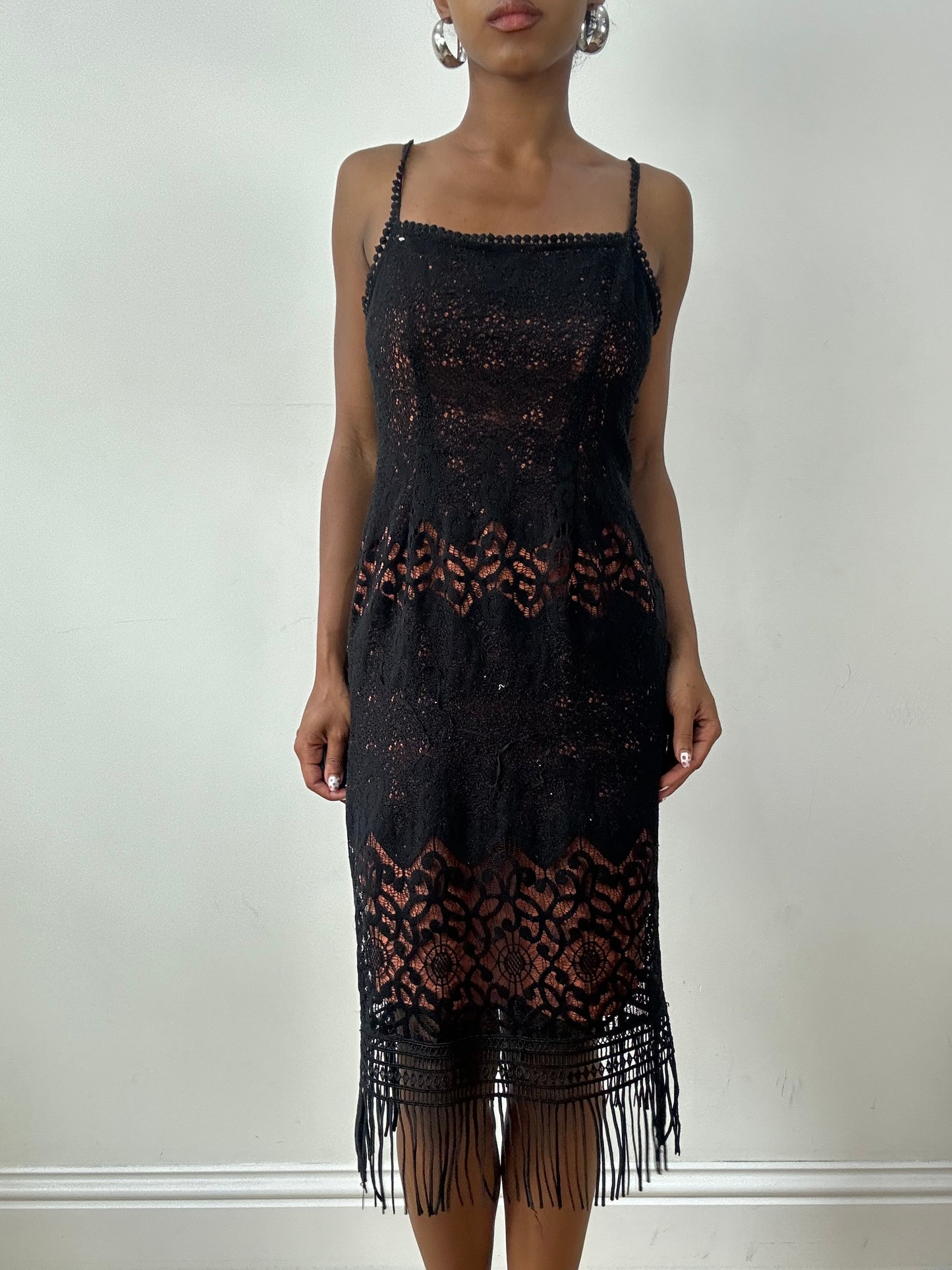 vintage edit twenty-nine | small black crotchet midi dress with fringe hem detail
