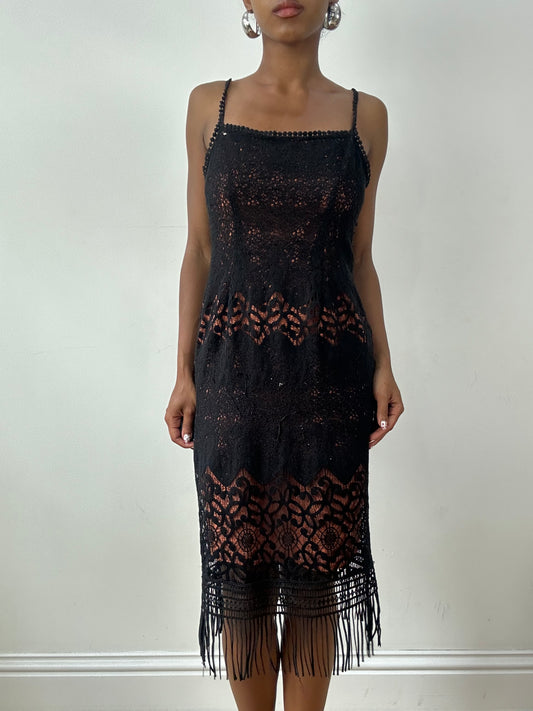 vintage edit twenty-nine | small black crotchet midi dress with fringe hem detail