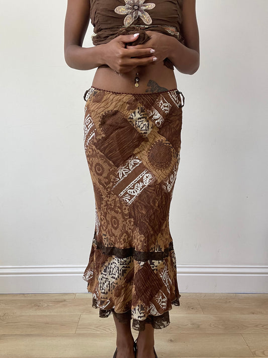 vintage edit twenty-seven | extra small brown patterned midi skirt with lace hem