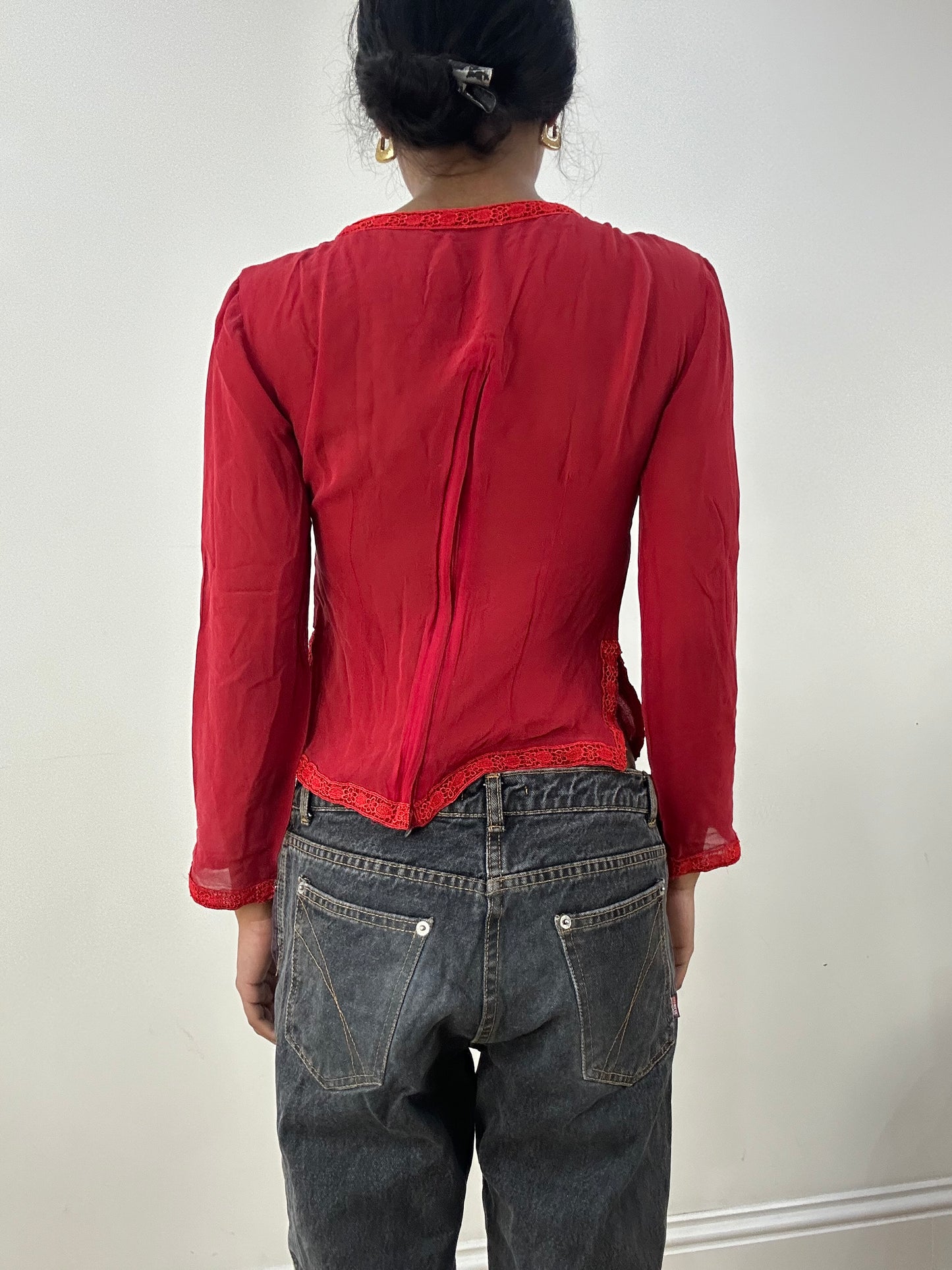 💻 HIPPY CHIC DROP | small red long sleeve top with embellished detail and lace trim
