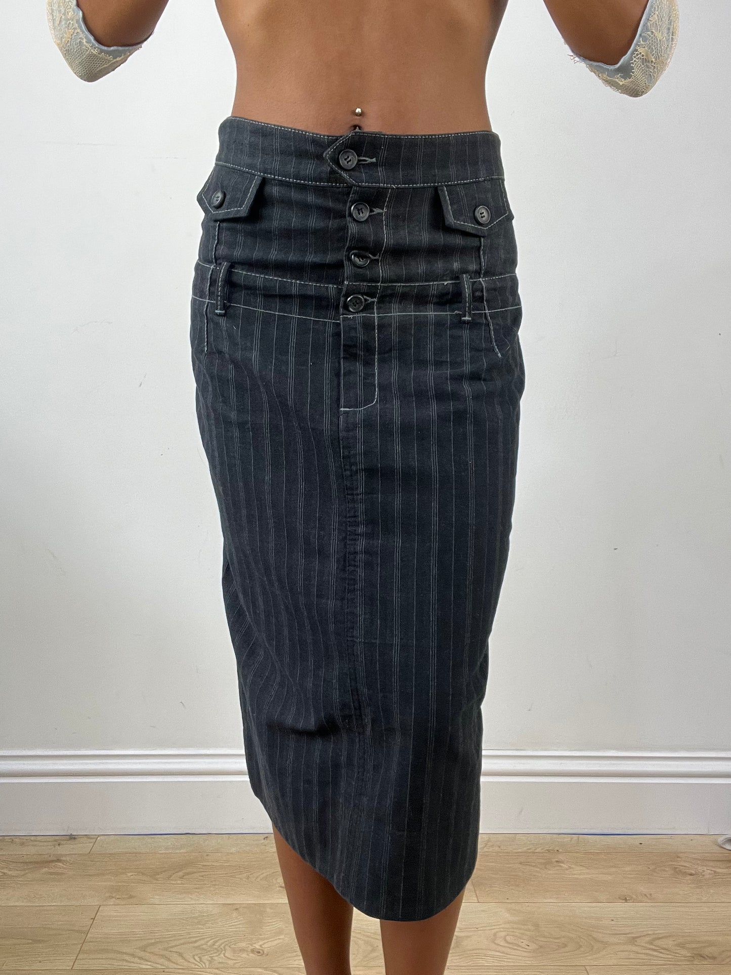 vintage edit thirty-four | small navy midi skirt with pinstripe detail