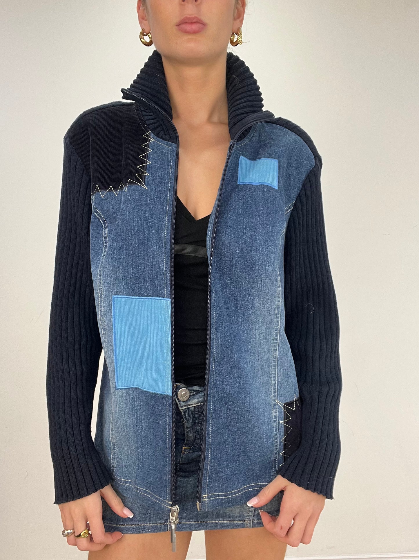 💻 vintage edit five | medium blue denim patchwork dual zip jumper