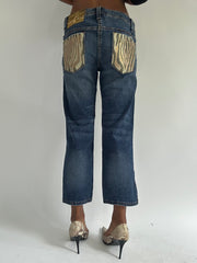 euro trash | medium blue denim cropped jeans with gold zebra detail pockets