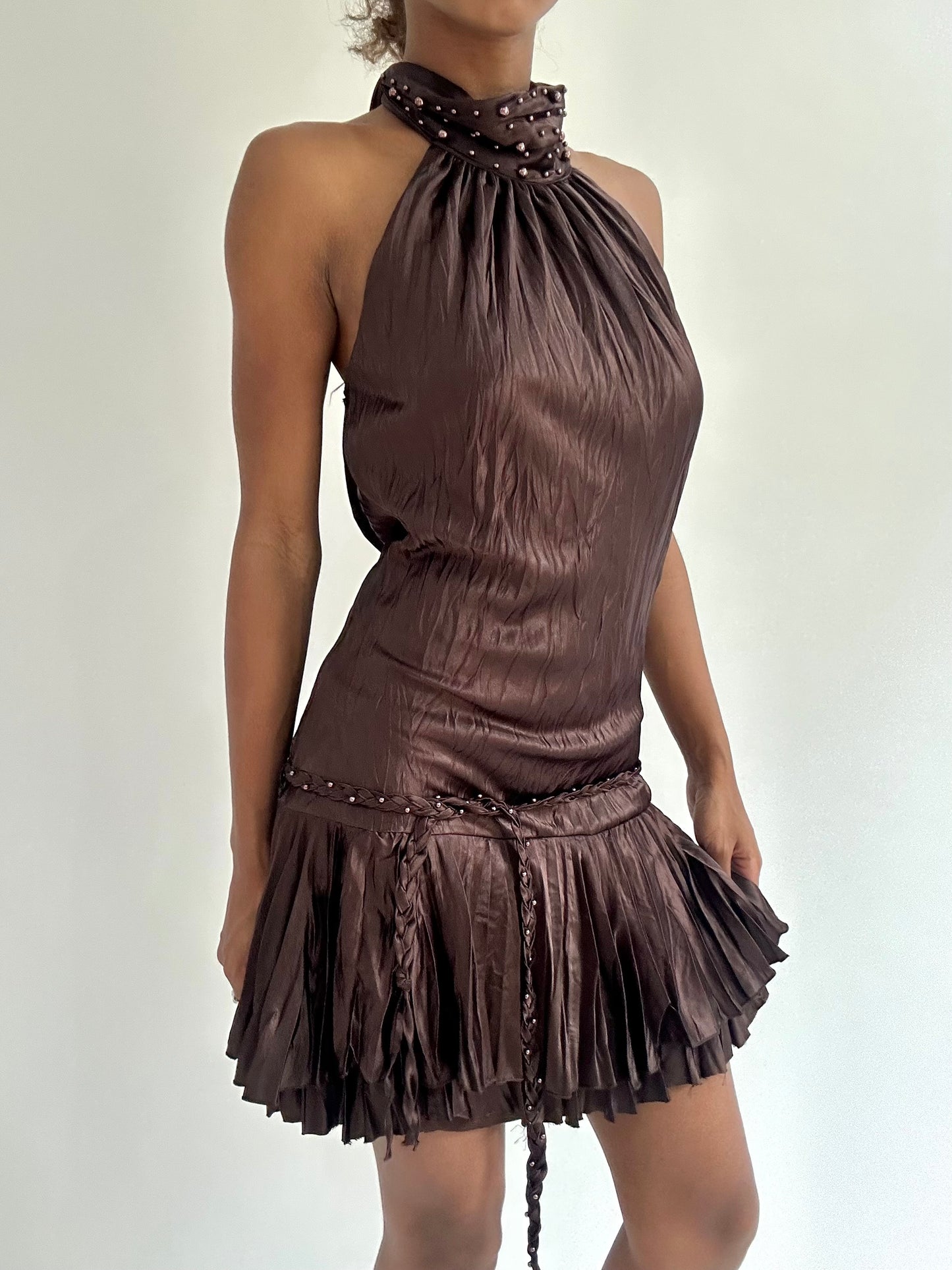 BEST PICKS | small brown pleated halterneck mini dress