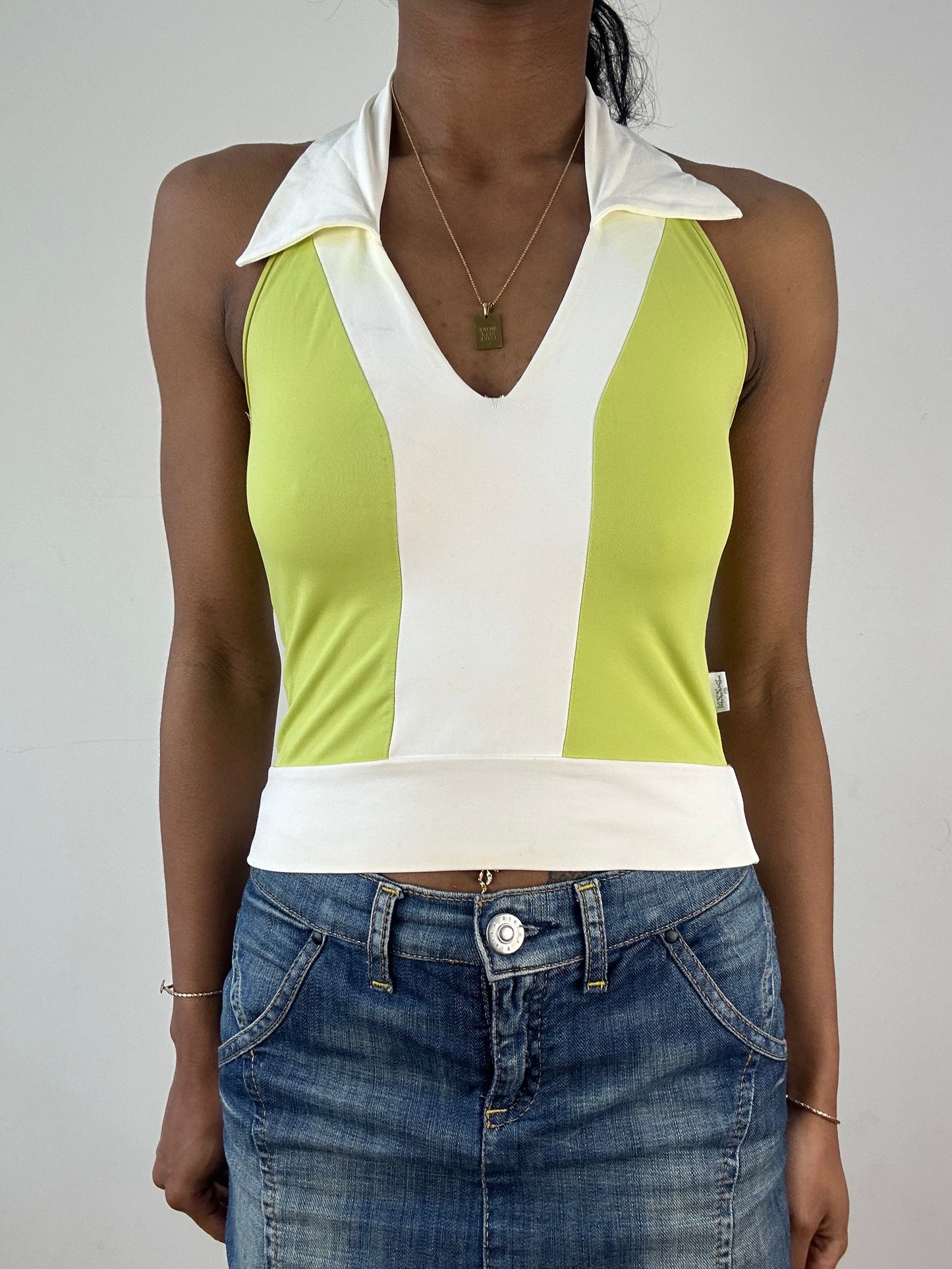 vintage edit: tops | small green and white halterneck collared top
