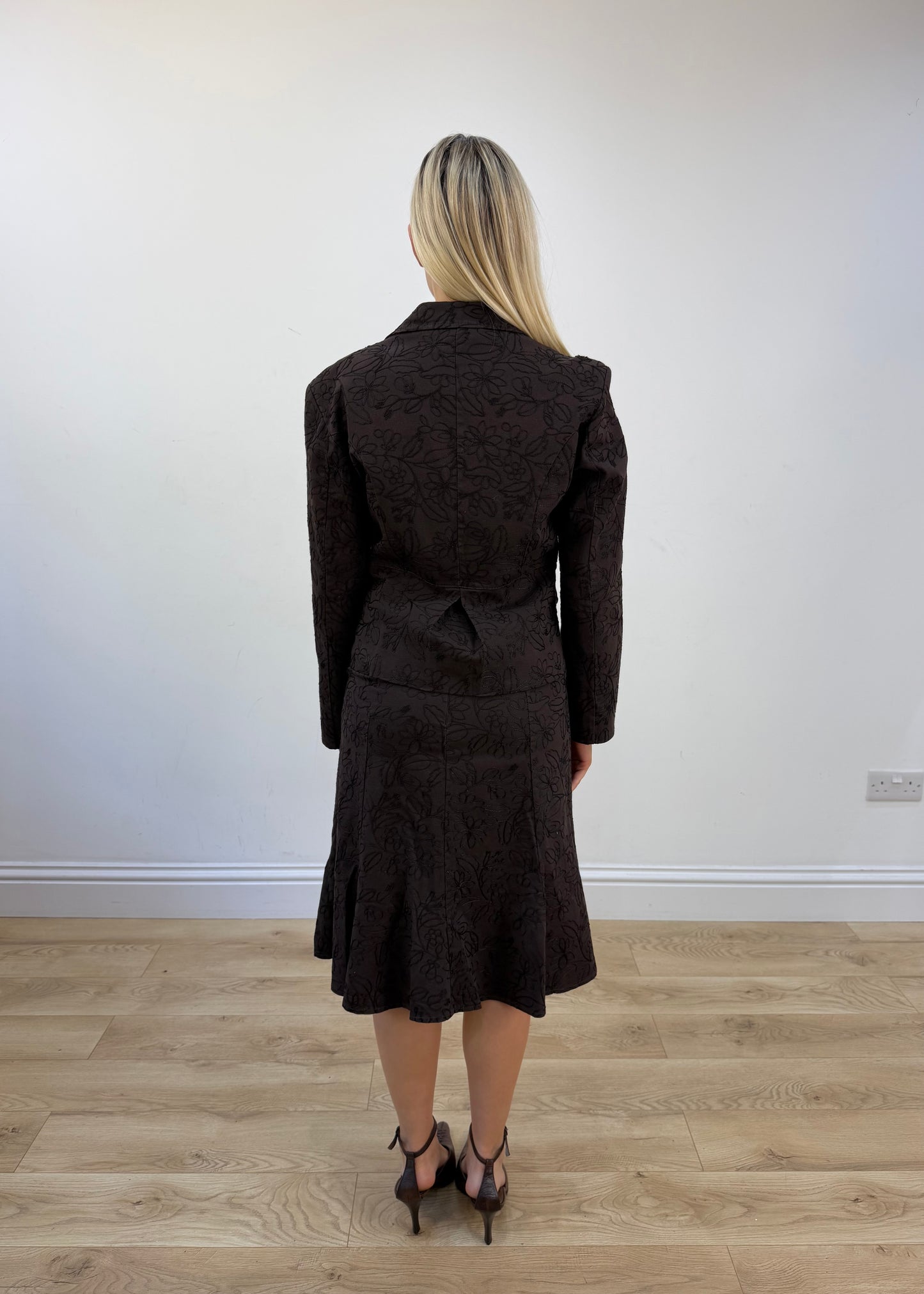 small brown floral embroidered blazer and skirt set