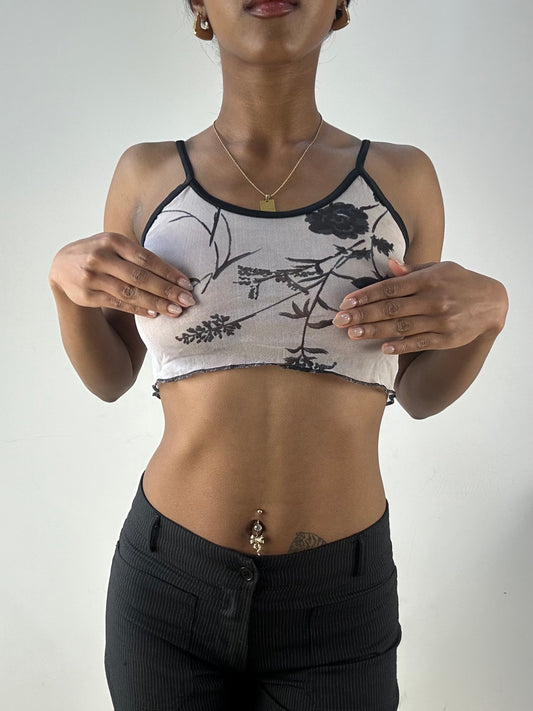 💻‼️ small sheer grey and black crop top with floral detail
