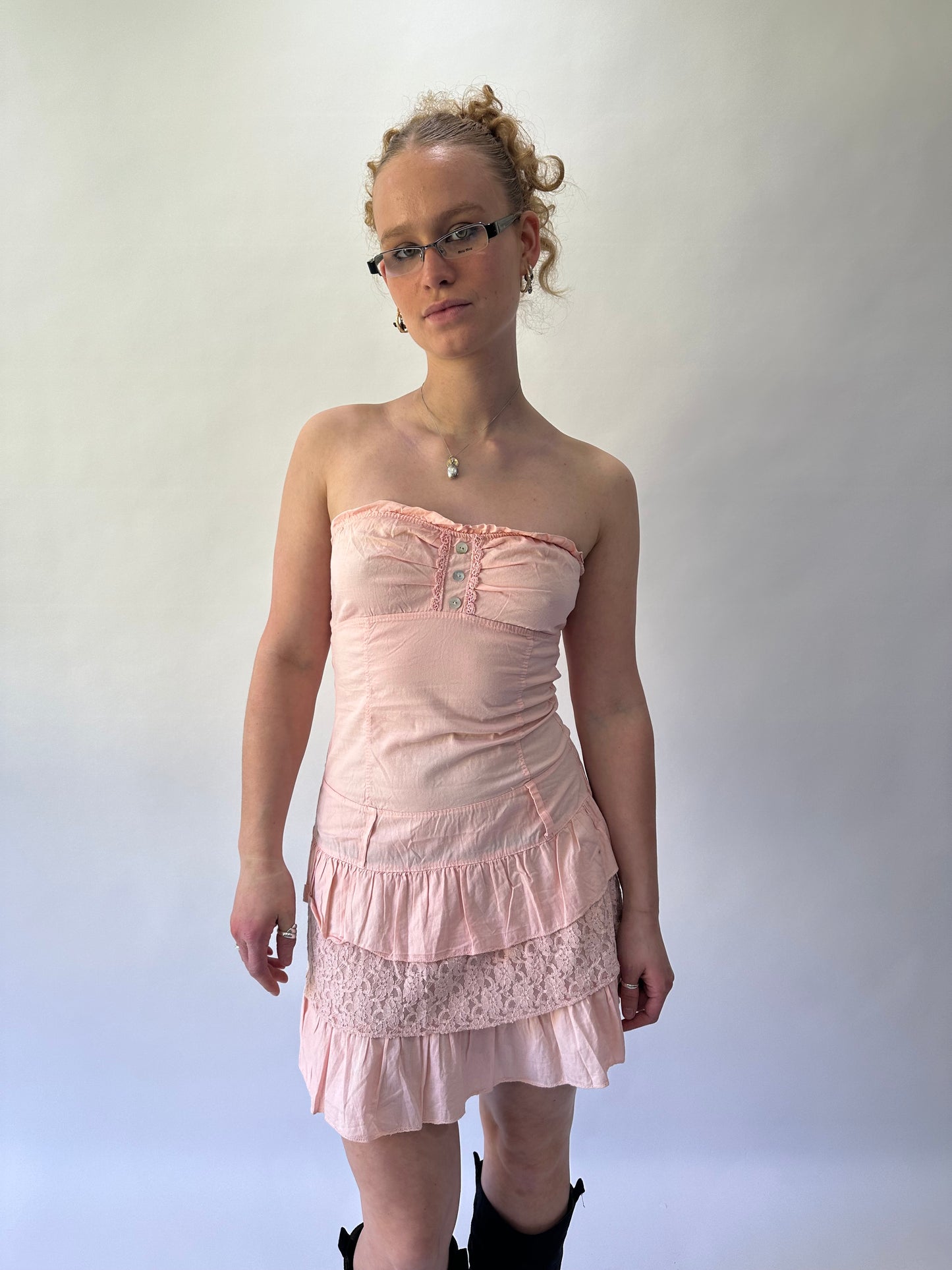devil wears prada | small pink bandeau ruched ruffle mini dress
