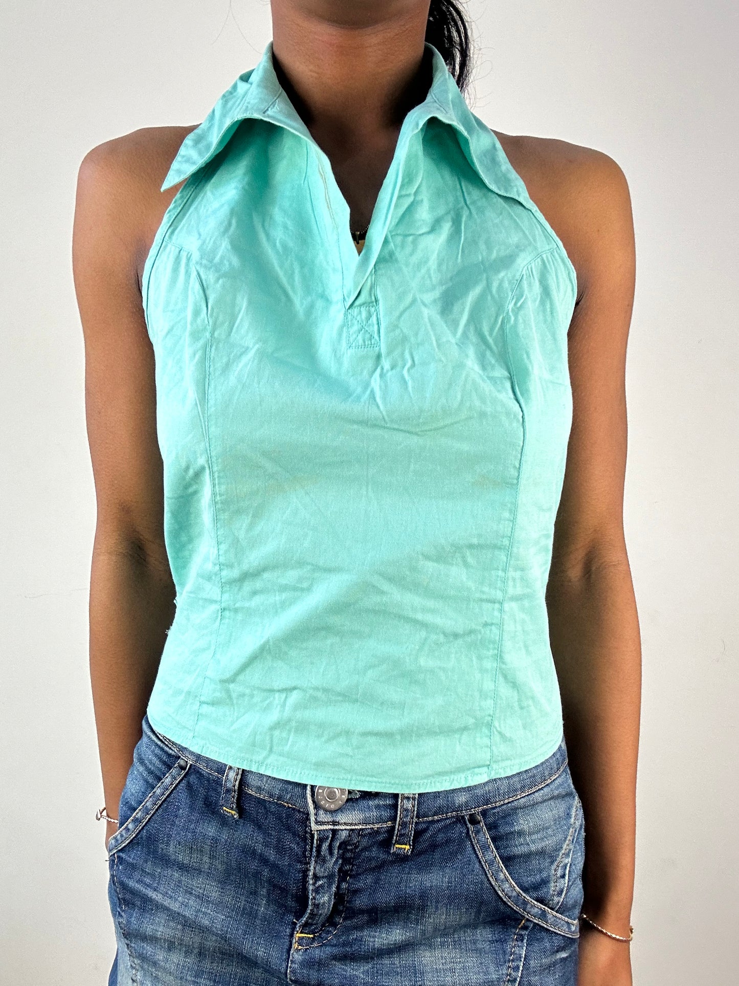 vintage edit: tops | medium teal blue halterneck top