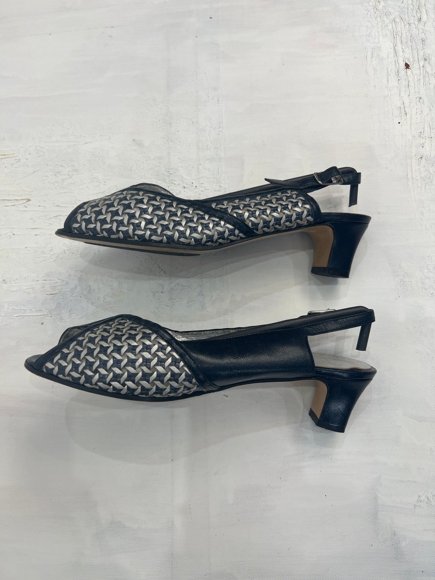⭐️ BEST PICKS | uk 5.5 black peep toe kitten heels with silver embellishments