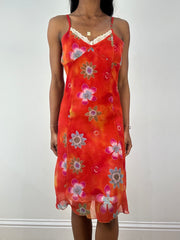 💚 vintage edit eighteen | medium orange floral midi dress with lace hem