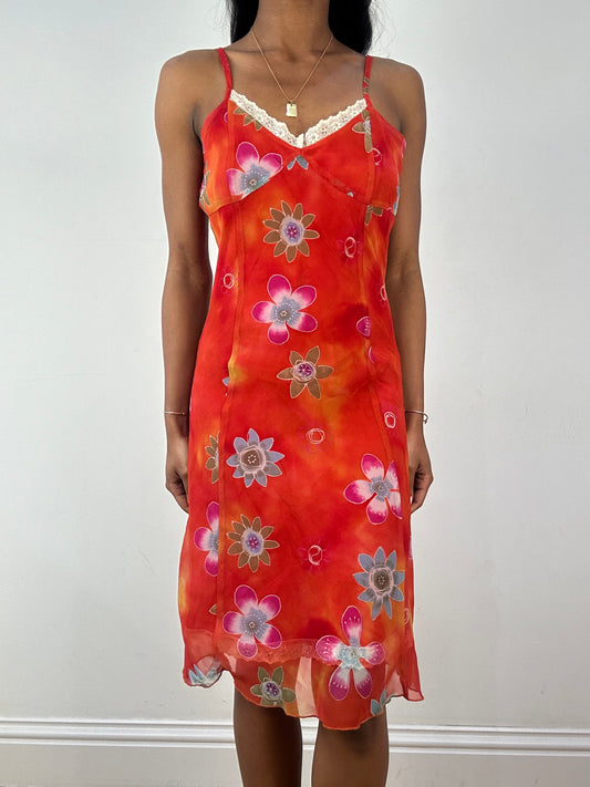 💚 vintage edit eighteen | medium orange floral midi dress with lace hem