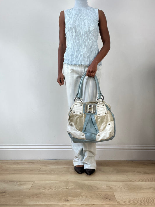 LFW edit | blue and beige guess faux leather bag with silver hardware