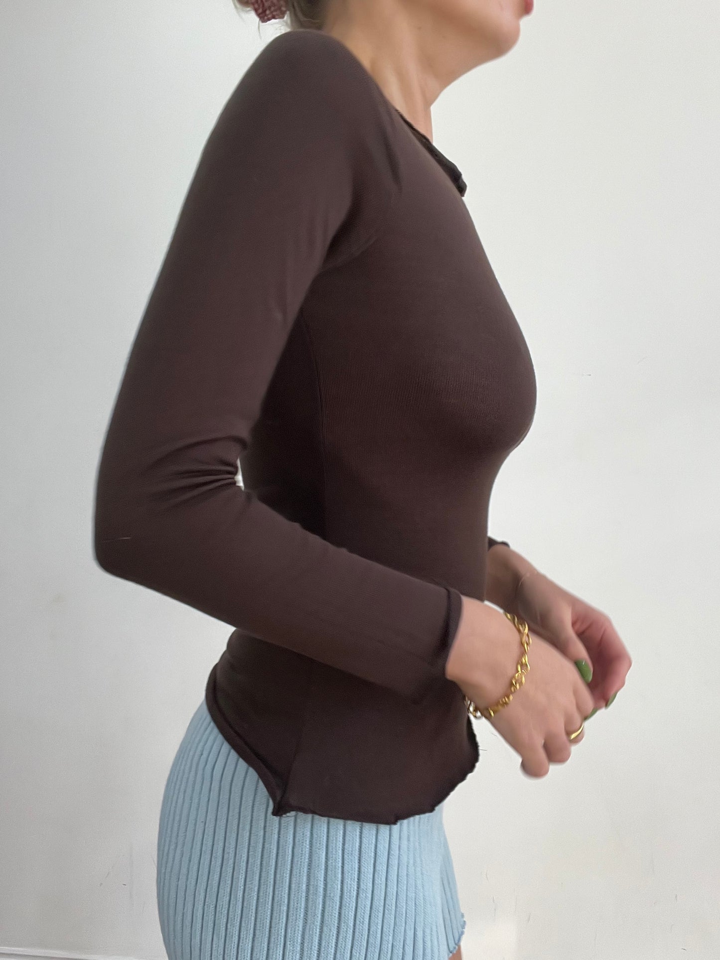 #393 SAMPLE SALE | xs brown boat neck long sleeve top