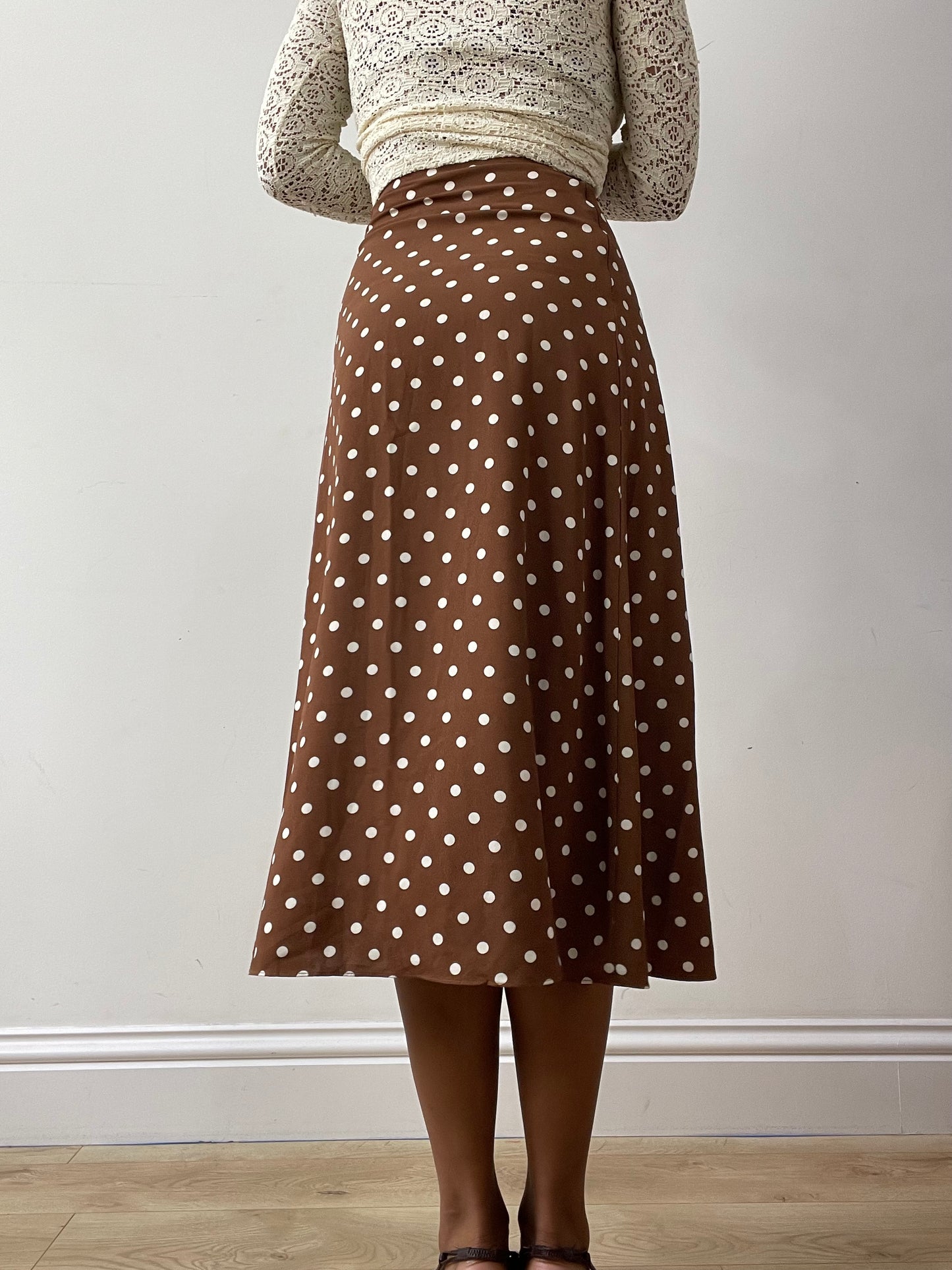 midsummer edit | extra small brown high waisted maxi skirt with polka dot print