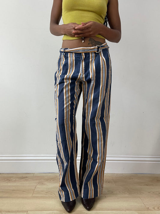 vintage edit twenty-five | medium blue and yellow striped trousers with belt detail