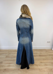 medium denim coat with faux fur collar