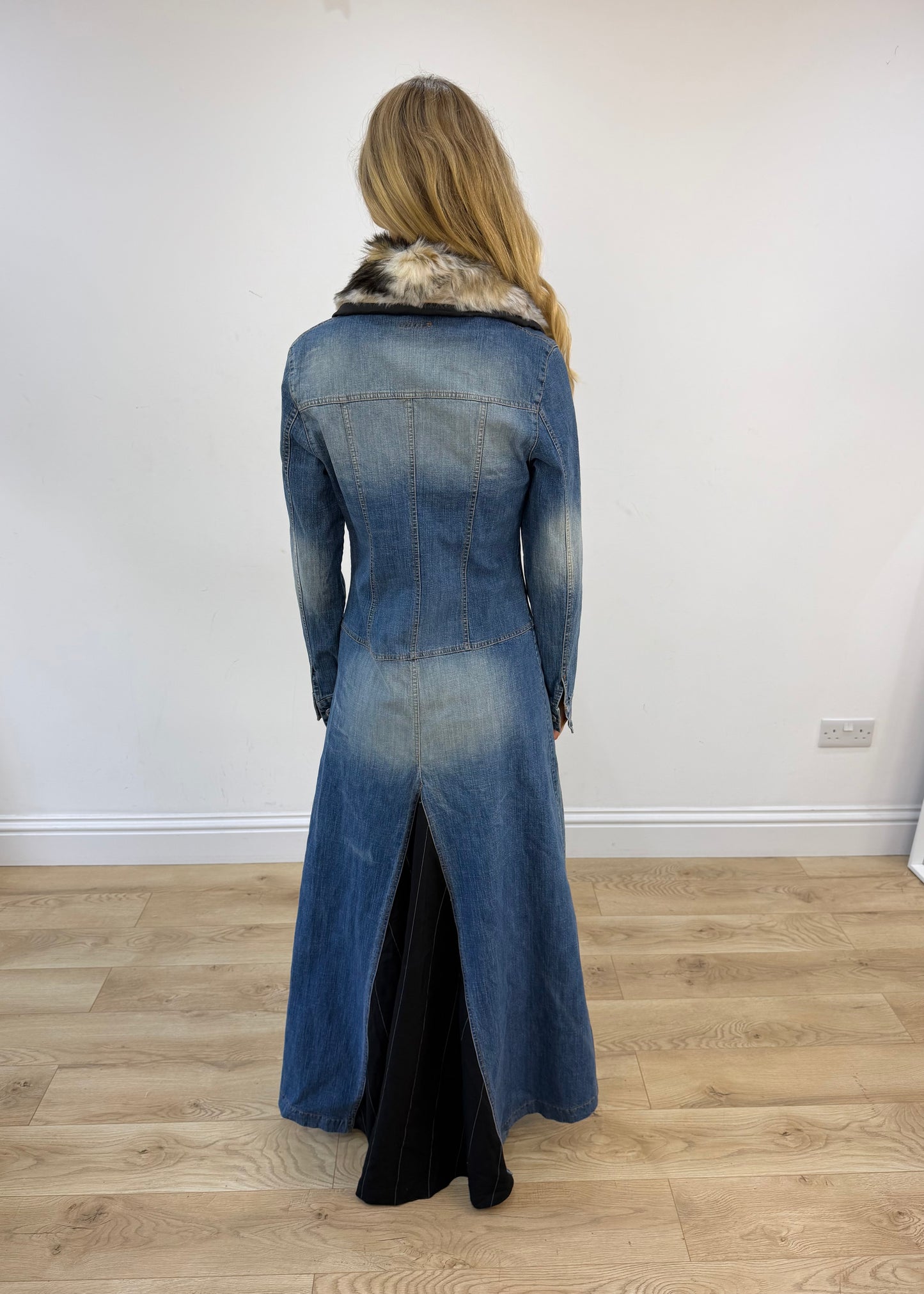 medium denim coat with faux fur collar