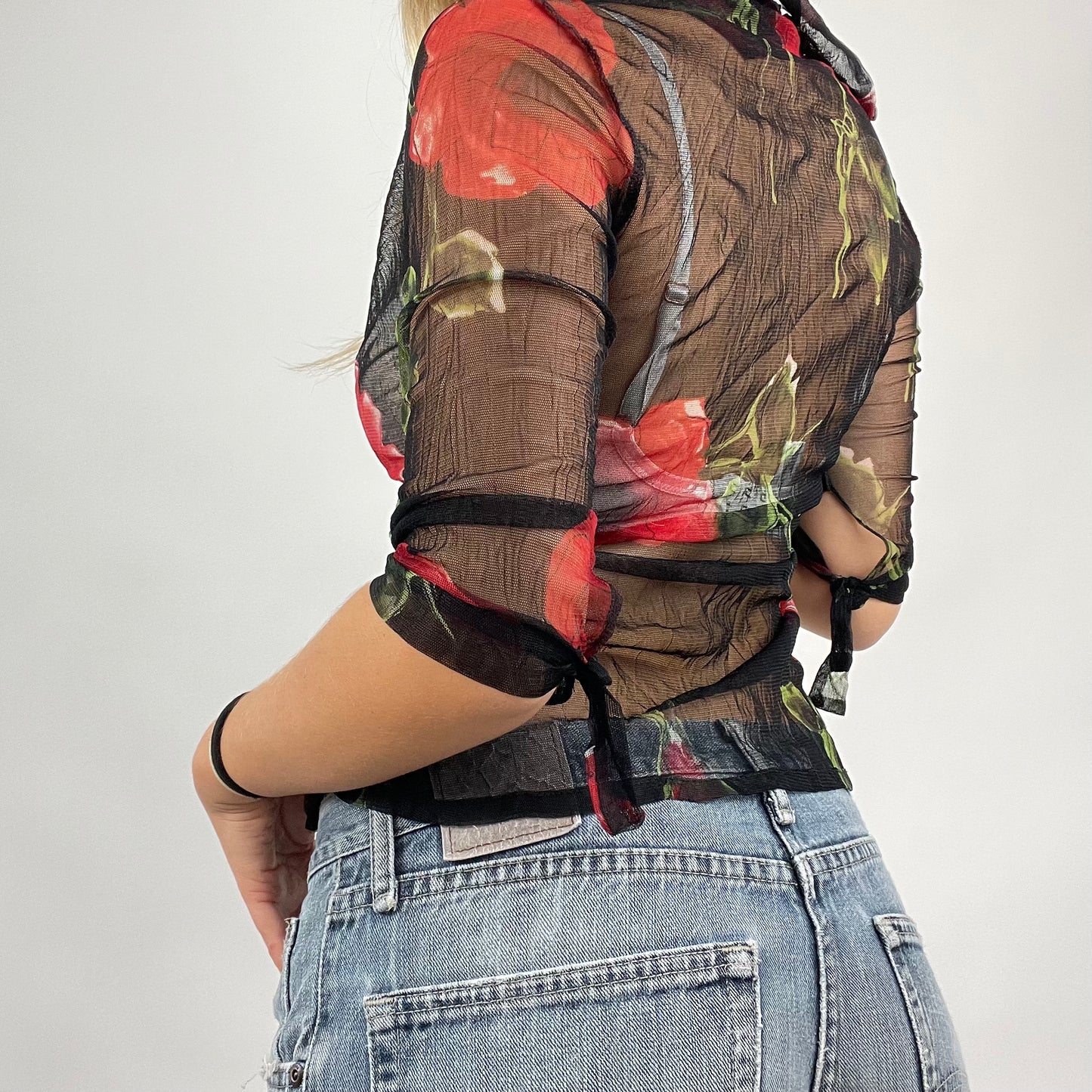 💻 GRUNGE COQUETTE DROP | small black floral mesh shirt