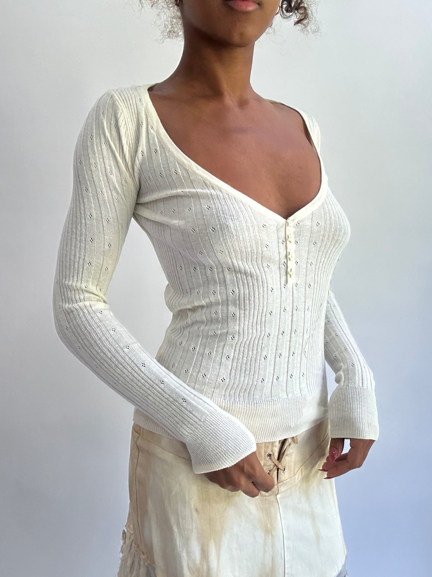 olivia rodrigo drop | small white old bershka long sleeve knit top