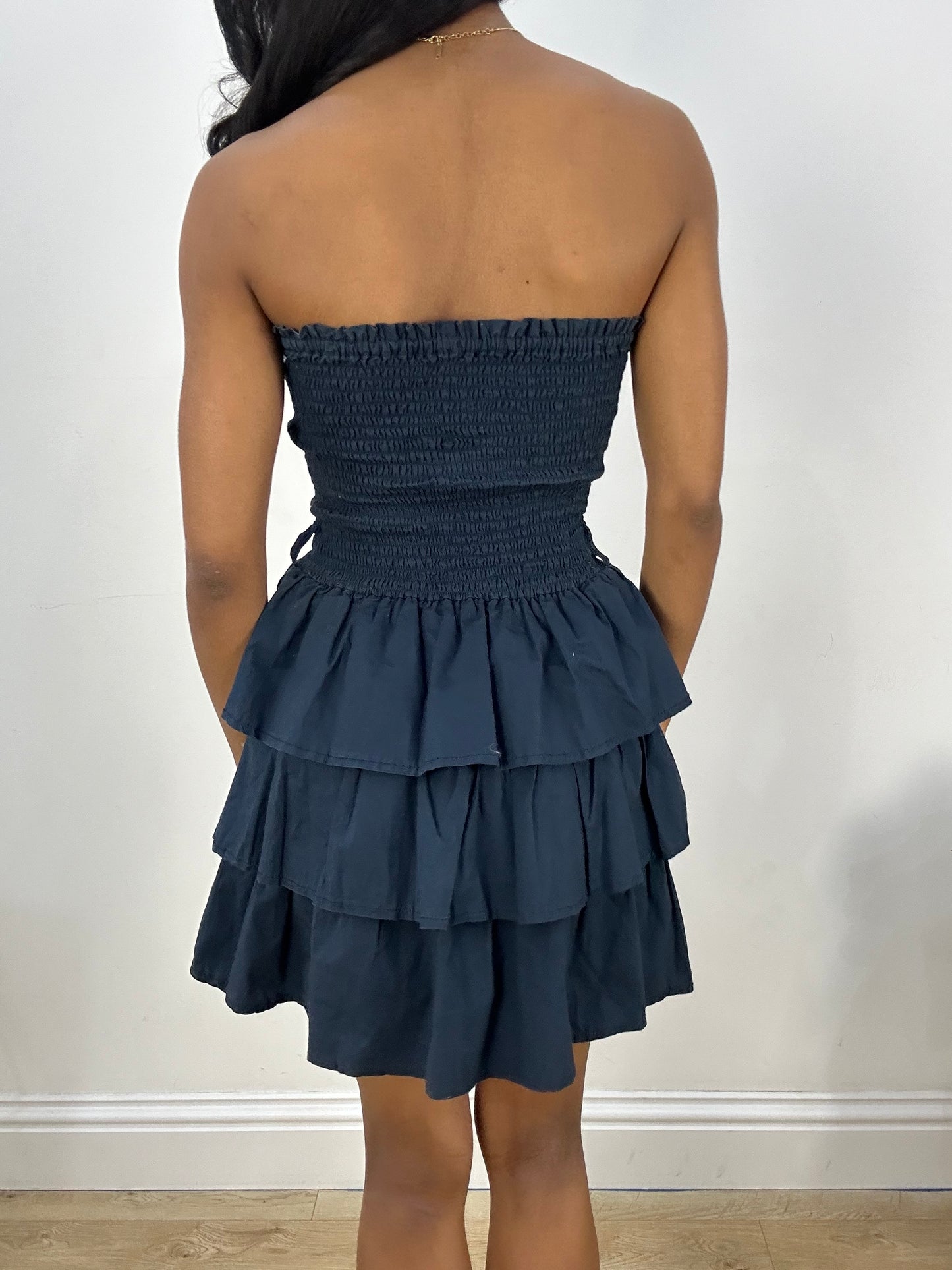 BEST PICKS | extra small navy blue bandeau ruffle mini dress