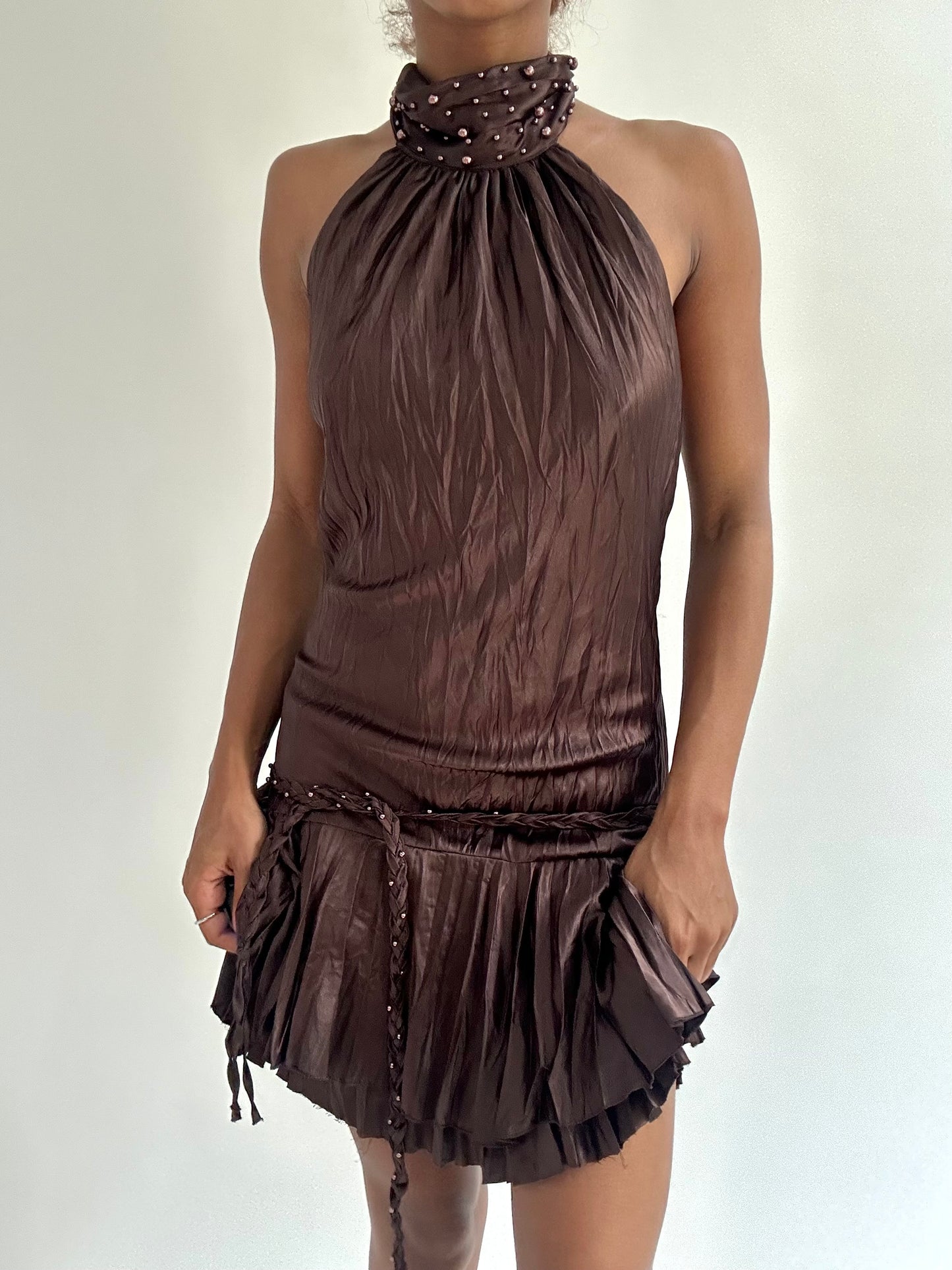 BEST PICKS | small brown pleated halterneck mini dress