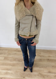 extra small cream suede zip up jacket with faux fur trim
