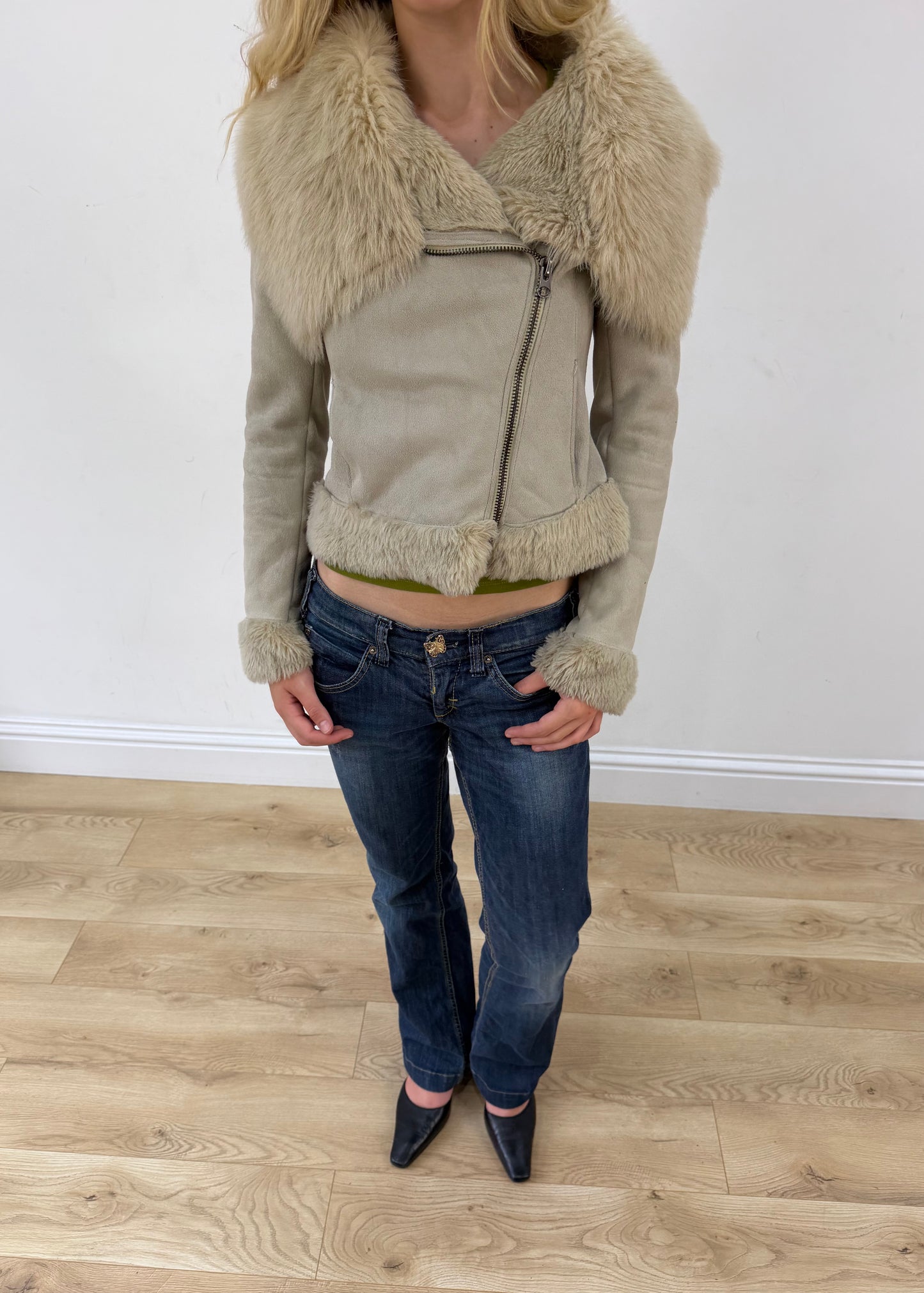 extra small cream suede zip up jacket with faux fur trim