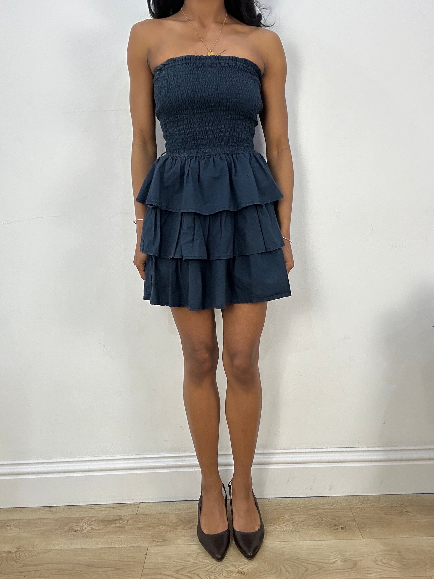 BEST PICKS | extra small navy blue bandeau ruffle mini dress