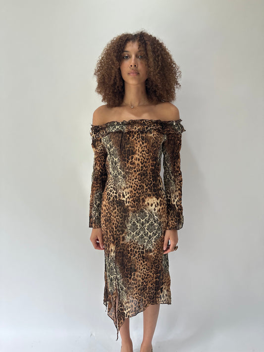 festival drop | medium brown leopard print ruffle midi dress