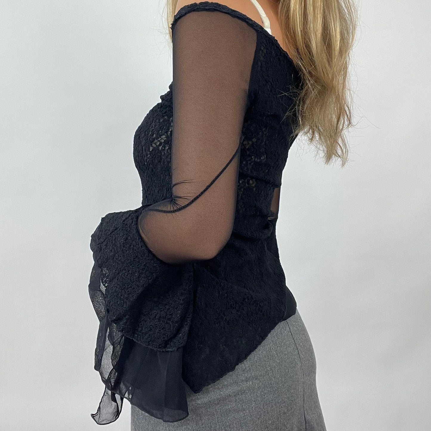 90s MINIMALISM DROP | small black asymmetric lace/ mesh long sleeve top