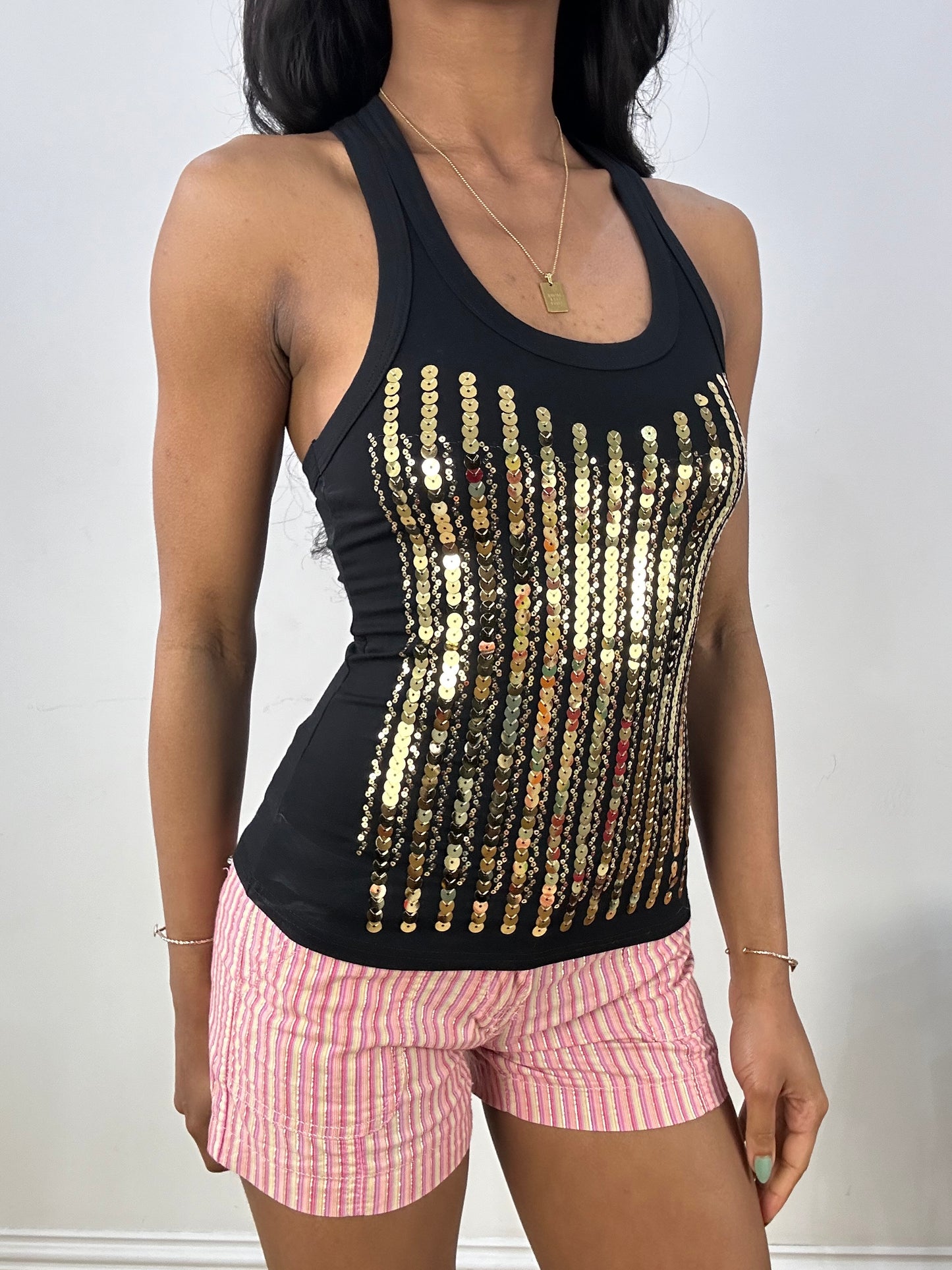 BEST PICKS | extra small black tank top with gold sequins