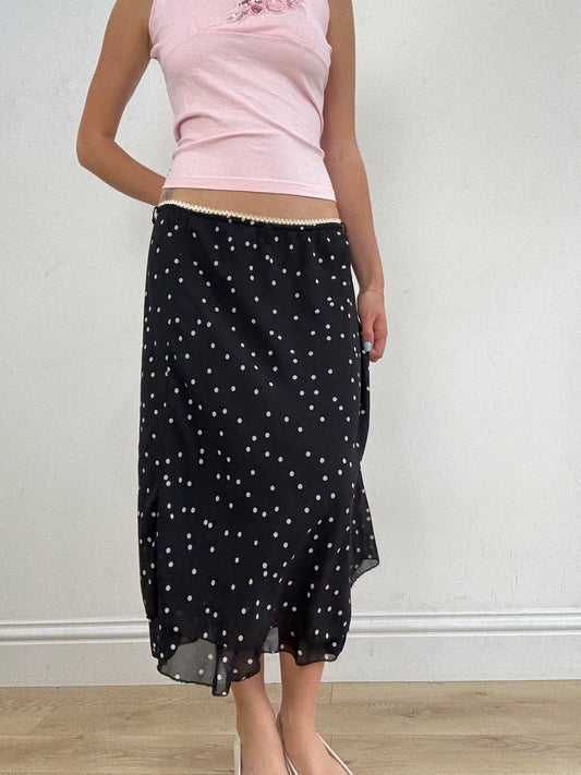 vintage edit twenty eight | medium black maxi skirt with white polka dot print