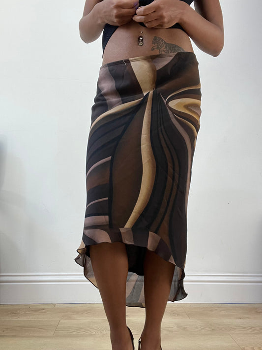 AUTUMN EDIT | small brown mesh overlay midi skirt with swirly pattern