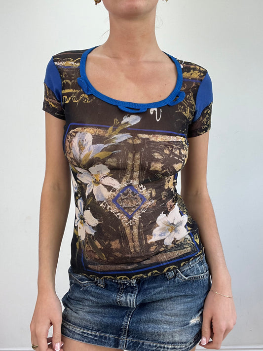 vintage edit twenty | small blue and brown abstract print mesh save the queen top