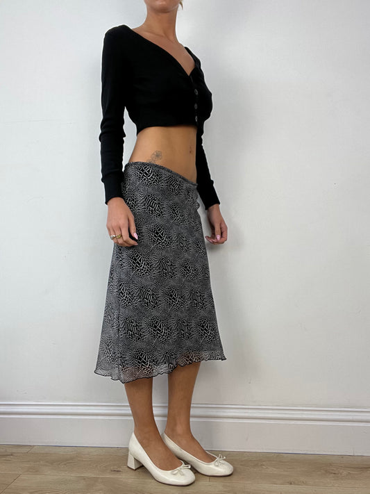 💻 LIBRARIAN CORE | small black mesh midi skirt with abstract print