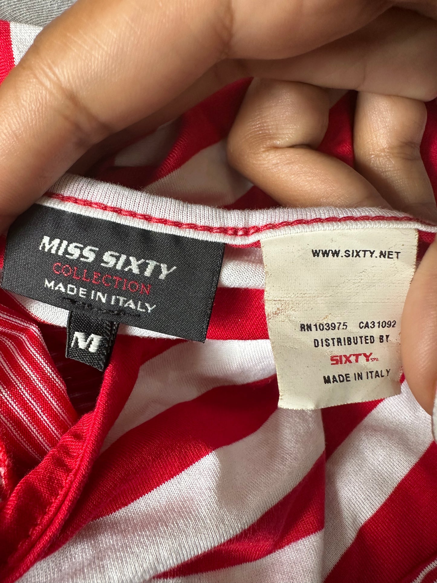 vintage edit twenty-seven | medium red miss sixty pinstripe top with silver logo detail