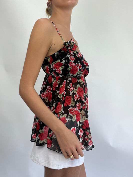COASTAL COWGIRL DROP | small semi sheer cami with black and red floral print all over