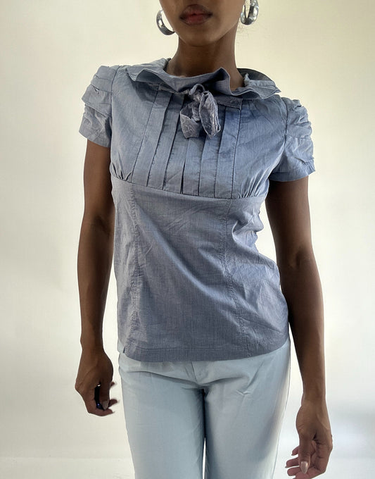 AUTUMN FAVOURITES | medium blue blouse with pleated bust detail