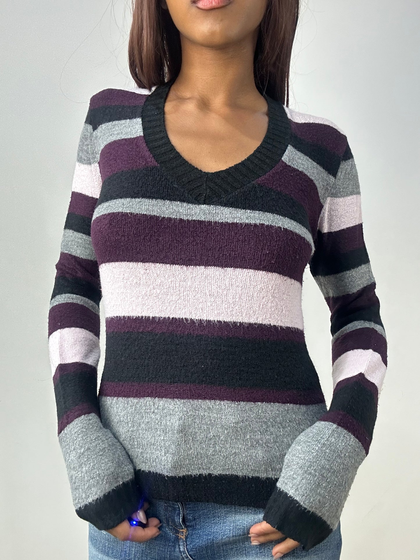 vintage edit thirty-three | small grey and purple knit jumper with stripes
