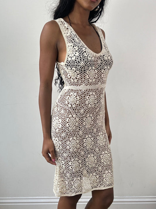 vintage edit: festival | small cream crotchet midi dress with floral pearl detailing