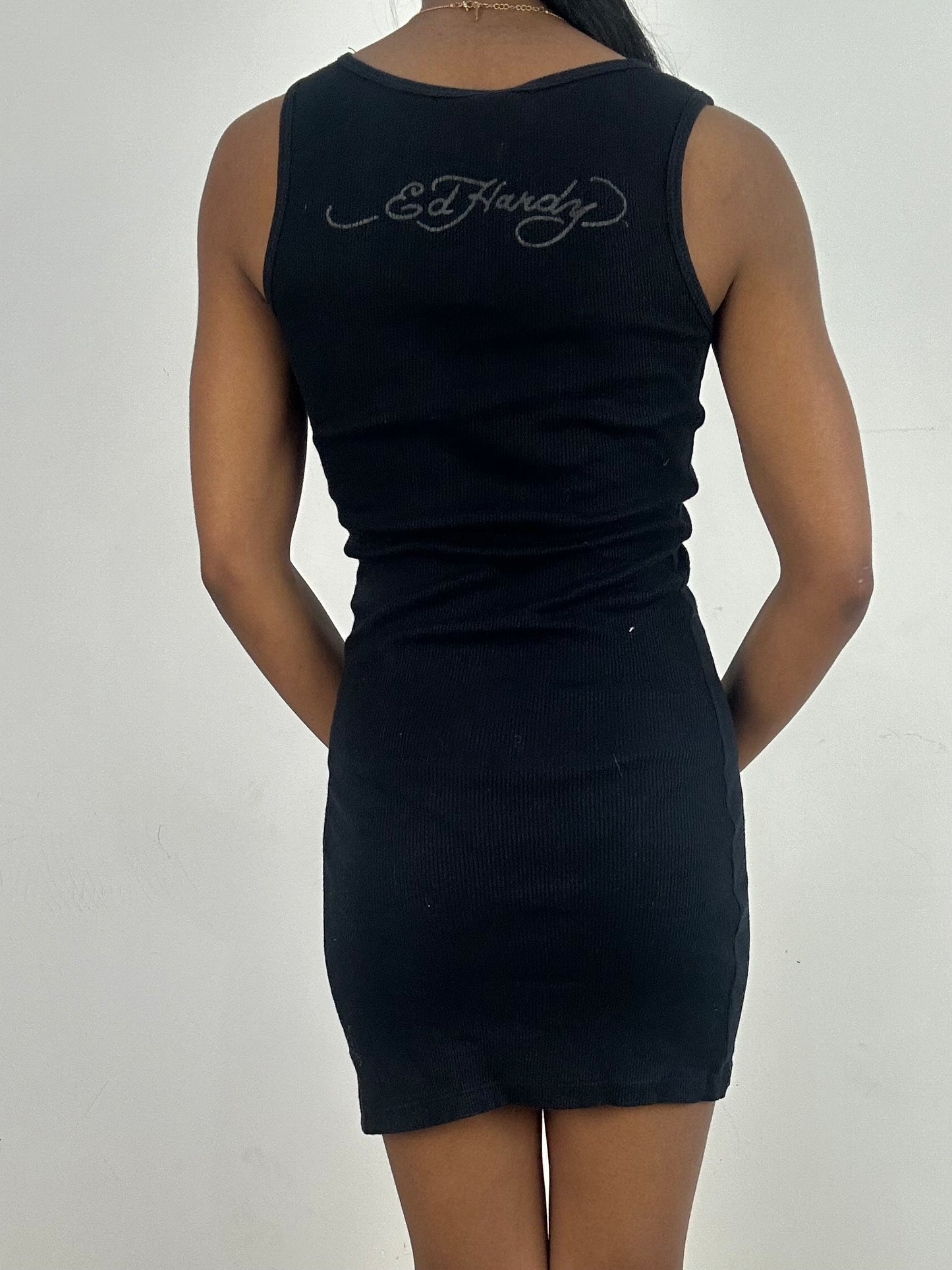 vintage edit eighteen | small black ed hardy diamanté tiger print dress